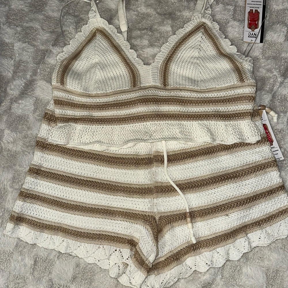 MADDEN NYC Cream and Brown Crochet Set